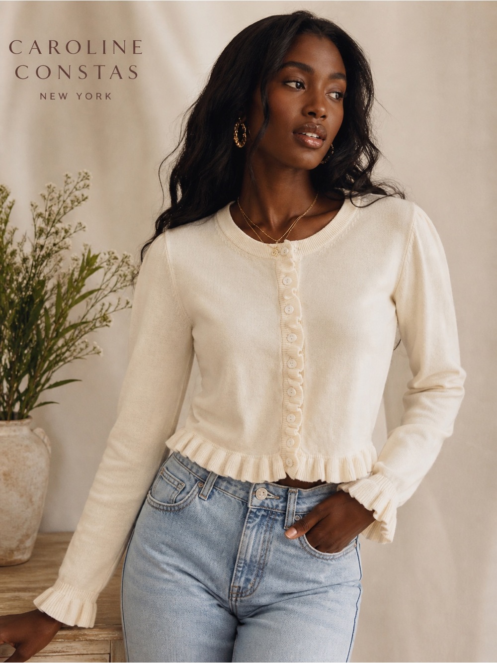 Caroline Constas Cream Ruffle-Hem Button cropped Cardigan NWT size medium